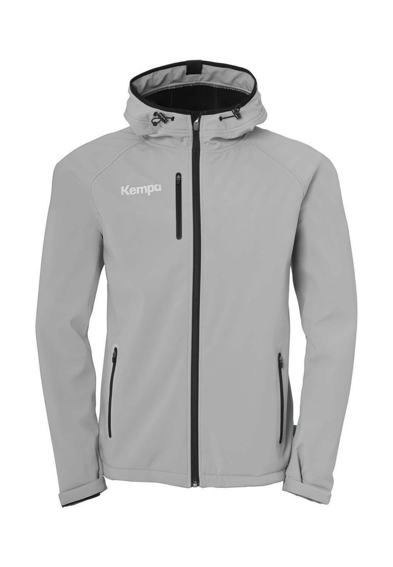 Light gray softshell jacket with a hood, black zipper accents, two zippered pockets, and a logo on the upper left chest.