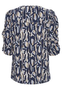Blusa a maniche corte con un motivo astratto nei toni blu, beige e crema. Realizzata in tessuto leggero con dettagli arricciati alle cuciture delle spalle.