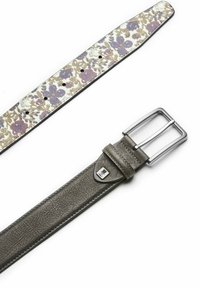 Blumenmuster Lederriemen in hellen Farben mit einem flexiblen grauen Lederabschnitt, ausgestattet mit einer silbernen rechteckigen Schnalle und Logodetails.