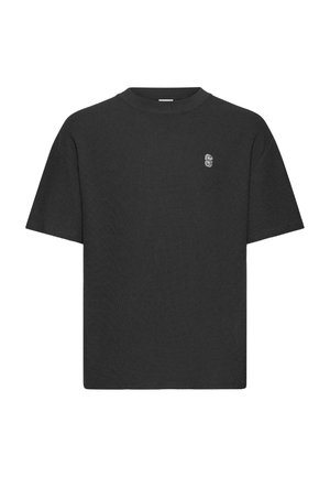 Black short-sleeve t-shirt in a textured fabric, featuring a crew neck and a discreet embroidered logo on the chest.