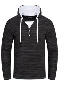 Schwarzer gestreifter Langarm-Hoodie mit weißem Innenfutter, V-Ausschnitt und Dreiknopfblende, ausgestattet mit weißen Kordeln und einer weichen Textur.