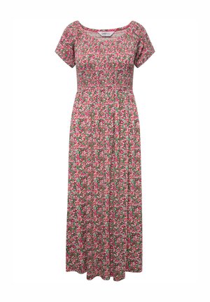 Abito lungo in tessuto leggero, con un motivo floreale caratterizzato da accenti rosa, verdi e bianchi. Maniche corte e vita elasticizzata.