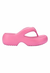 Infradito di gomma rosa con suola arrotondata, cinghie curve, battistrada testurizzato e suola antiscivolo. Nessun hardware visibile.