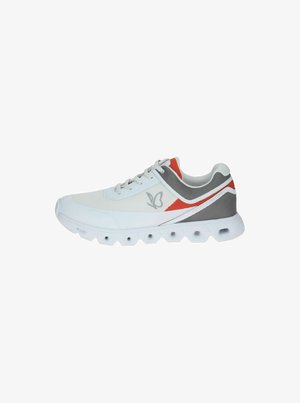 White athletic shoe with a mesh upper, gray accents, and orange detailing. Features padded collar and a textured rubber sole for grip.
