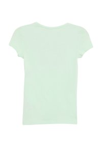 Helles mintgrünes T-Shirt mit kurzen Ärmeln, rundem Halsausschnitt und glatter Textur. Die Rückseite ist schlicht ohne Muster oder Akzente.