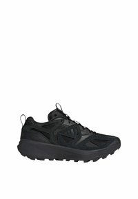 Scarpe da ginnastica nere con tomaia in mesh e materiale sintetico, dettagli testurizzati, suola spessa e chiusura con lacci; suola esterna resistente per una buona aderenza.
