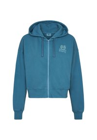 Teal cropped hoodie met een trekkoordkap, voorrits en geribbelde manchetten. Heeft een lichte grafische print op de borst. Zachte textuur.