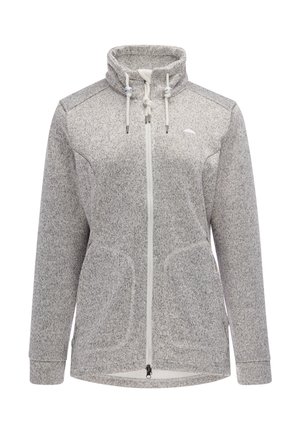 Hellgraue gesprenkelte Jacke mit Reißverschluss, hohem Kragen, weißen Kordeln, langen Ärmeln und zwei Vordertaschen.