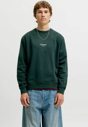 Jeune homme portant un sweat-shirt vert foncé JJ Studios, une chaîne argentée et un jean bleu clair, debout devant un fond clair uni.