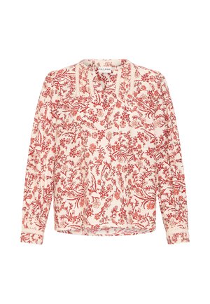 Bluză crem cu mânecă lungă, cu imprimeu floral roșu, dantelă la guler și la manșete, având eticheta Pulz Jeans în interiorul gulerului.