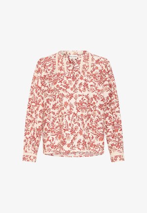 Hosszú ujjú krémszínű blúz piros virágmintával, csipke díszítéssel a nyakrészen és a mandzsettákon, valamint Pulz Jeans felirattal a gallér belső oldalán.