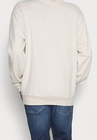 Sudadera color beige claro con mangas largas, puños acanalados y un ajuste relajado. Textura de tela suave, con diseño sencillo y sin patrones visibles.