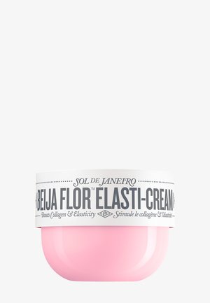 Sol de Janeiro Beija Flor Elasti-Cream pot met witte deksel en roze verpakking, gelabeld voor het bevorderen van collageen en elasticiteit.
