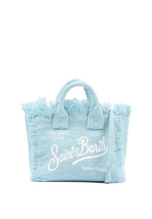 Borsa a tracolla in tessuto azzurro chiaro con bordi sfrangiati e testo bianco che recita "Il luogo ideale Saint Barth Summer Paradise."