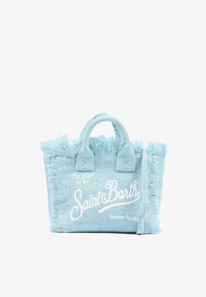 Jasnoniebieska torba materiałowa z frędzlami na krawędziach i białym napisem "The place to be Saint Barth Summer Paradise."