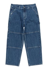 Pantaloni cargo in denim blu, caratterizzati da una vestibilità ampia, quattro tasche e cuciture in stile patchwork con dettagli di cucitura a vista.