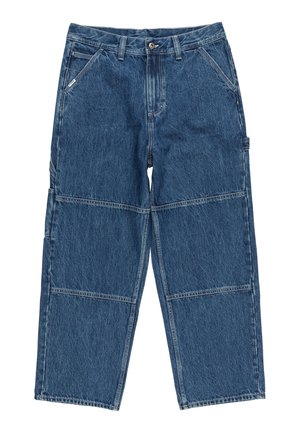 Jeans cargo byxor i blått, med en lös passform, fyra fickor och sömmar i lapptäcksstil med synliga stygn.
