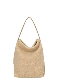 Borsa a tracolla beige realizzata in materiale morbido e testurizzato con una forma morbida e una semplice tracolla in pelle. Caratterizzata da un'apertura superiore piegata.