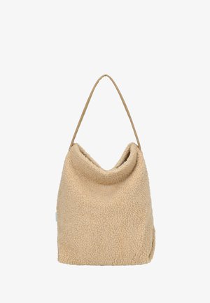 Beige Schultertasche aus weichem, strukturiertem Material mit schlaffem Design und einem einfachen Ledertragegurt. Verfügt über eine gefaltete obere Öffnung.
