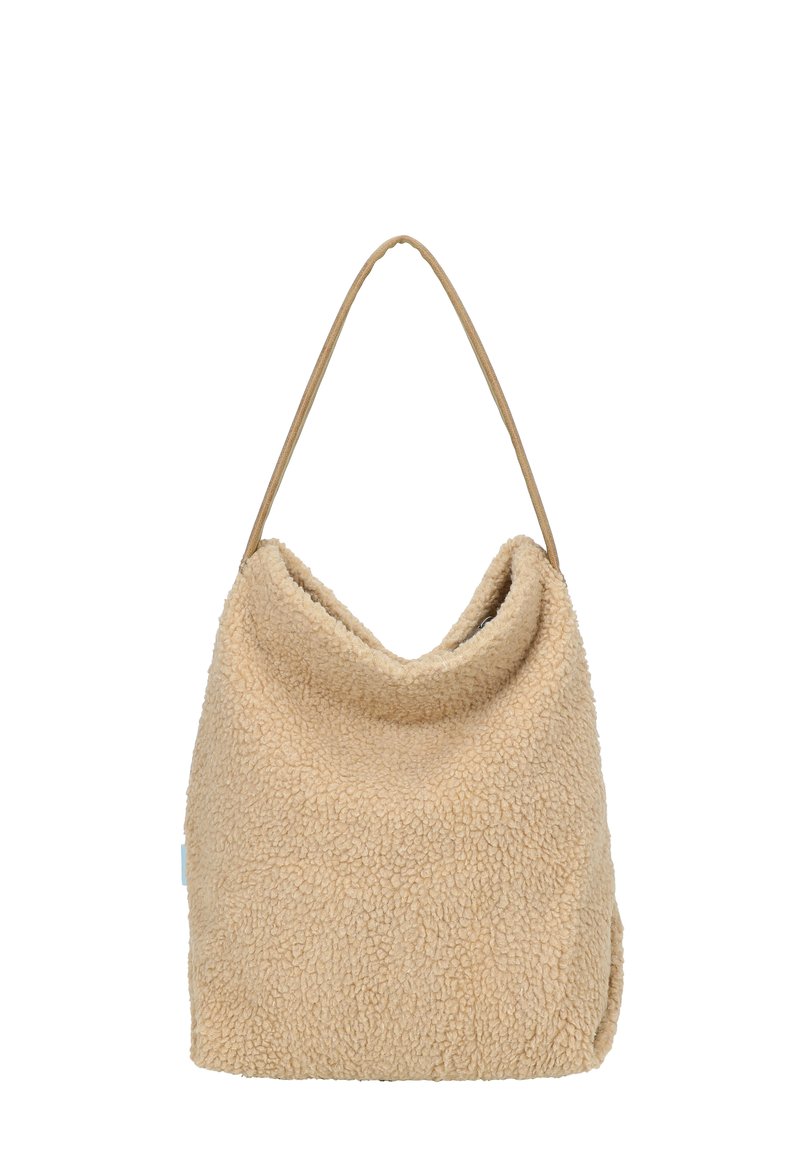 Borsa a tracolla beige realizzata in materiale morbido e testurizzato con una forma morbida e una semplice tracolla in pelle. Caratterizzata da un'apertura superiore piegata.