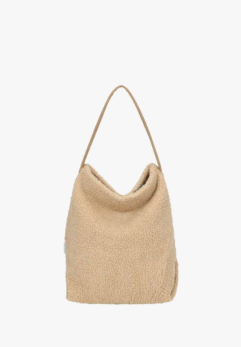 Borsa a tracolla beige realizzata in materiale morbido e testurizzato con una forma morbida e una semplice tracolla in pelle. Caratterizzata da un'apertura superiore piegata.