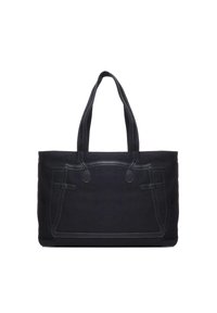 Sac fourre-tout en toile noire avec doubles poignées, comportant des coutures contrastantes et deux poches avant avec des accents décoratifs. Forme rectangulaire.