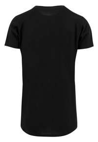 Schwarz Baumwoll-T-Shirt mit kurzen Ärmeln, rundem Ausschnitt und lockerer Passform. Glatte Textur, keine sichtbaren Logos oder Muster.