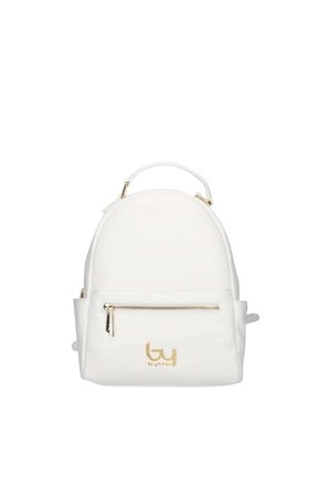 Zaino piccolo bianco in ecopelle con manico superiore, tasca frontale con zip e dettaglio logo "byblos" dorato.