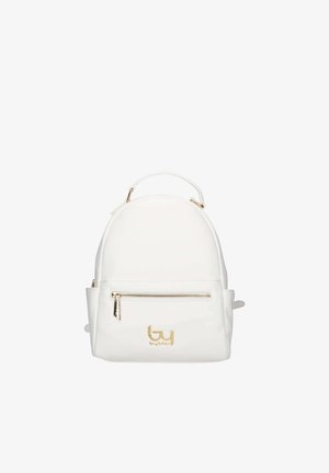 Zaino piccolo bianco in ecopelle con manico superiore, tasca frontale con zip e dettaglio logo "byblos" dorato.