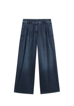 Dunkelblaue, weit geschnittene Jeans aus Denim mit vorderen Falten, Gürtelschlaufen und einem Knopfverschluss am Bund.