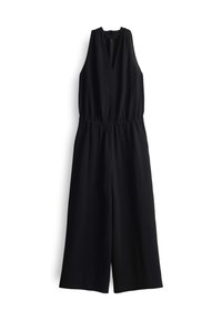 Black sleeveless jumpsuit with a V-shaped neckline, elastic waist, and wide leg pants. Made of a smooth fabric with a relaxed fit.