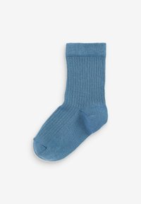 Calzino di cotone blu con texture a costine, design di lunghezza alla caviglia e punta rinforzata. Materiale morbido e fascetta elasticizzata per il massimo comfort.