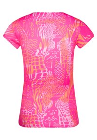 Camicia rosa a maniche corte con un vivace motivo astratto con accenti gialli e bianchi, realizzata in tessuto morbido con una texture liscia.