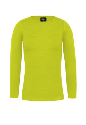 Langärmeliges T-Shirt in leuchtendem Limettengrün, aus weichem Stoff gefertigt, mit klassischem Rundhalsausschnitt und ohne sichtbare Muster oder Verzierungen.