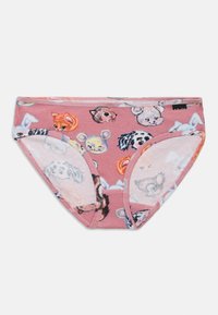 Slip en coton de couleur rose, avec un motif imprimé d'animaux coloré. Texture lisse avec une taille élastique et des ouvertures pour les jambes.