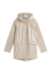 Beige vattentät jacka med huva, dragsko, framkn�äppning med knappar och två sidofickor. Slät textur och midjelång design.