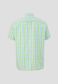 Koszula z krótkim rękawem w zielono-niebieską kratę, z kołnierzykiem i luźnym krojem. Wykonana z lekkiego materiału.