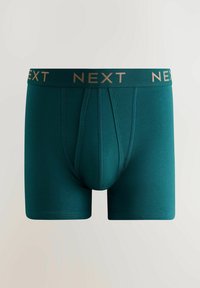 Turkio spalvos medvilniniai trumpi apatiniai su bronzos spalvos „NEXT“ logotipu ant elastingos juostos, pasižymintys lygia tekstūra ir prigludusiu dizainu.