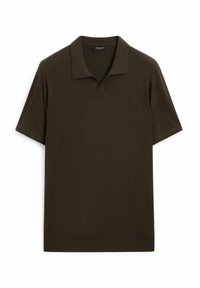 Polo à manches courtes de couleur marron foncé avec col, sans boutons, étalé à plat sur un fond blanc.