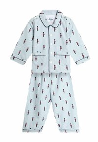 Deti súprava pyžama v svetlomodrom pruhovanom prevedení s motívom červeného vojaka, dlhé rukávy, zapínanie na gombíky, golier a nohavice s detailmi vreciek.