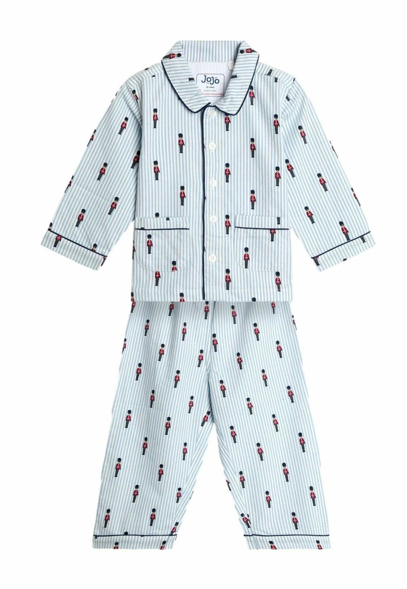 Deti súprava pyžama v svetlomodrom pruhovanom prevedení s motívom červeného vojaka, dlhé rukávy, zapínanie na gombíky, golier a nohavice s detailmi vreciek.