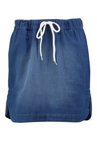 Jupe en denim bleu foncé, dotée d'une taille élastique avec cordon, d'évasements latéraux et d'une silhouette décontractée. Tissu doux et léger avec une texture lisse.