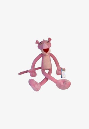 Roze pluche speelgoed dat lijkt op een roze panter, met lange ledematen, een platte staart en een glimlachend gezicht. Inclusief een label aan de rechterkant.