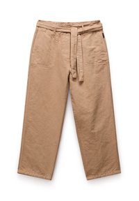 Beige, cropped broek gemaakt van zachte stof met een gestrikt riem, voorzien van twee vo pockets en zichtbare stiksels langs de naden.