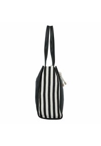 Borsa tote nera in ecopelle con un lato in tela a righe. Presenta due manici lunghi e una chiusura a coulisse con dettagli in legno.