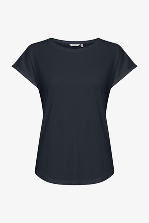 Tengerészkék rövid ujjú női póló kerek nyakkivágással és laza szabással, enyhén ívelt szegéllyel.