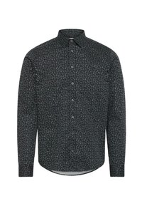 Camicia a maniche lunghe in tessuto scuro con motivo floreale. Caratterizzata da un colletto a punta, chiusura frontale con bottoni e orlo curvo. I bottoni sono neri.