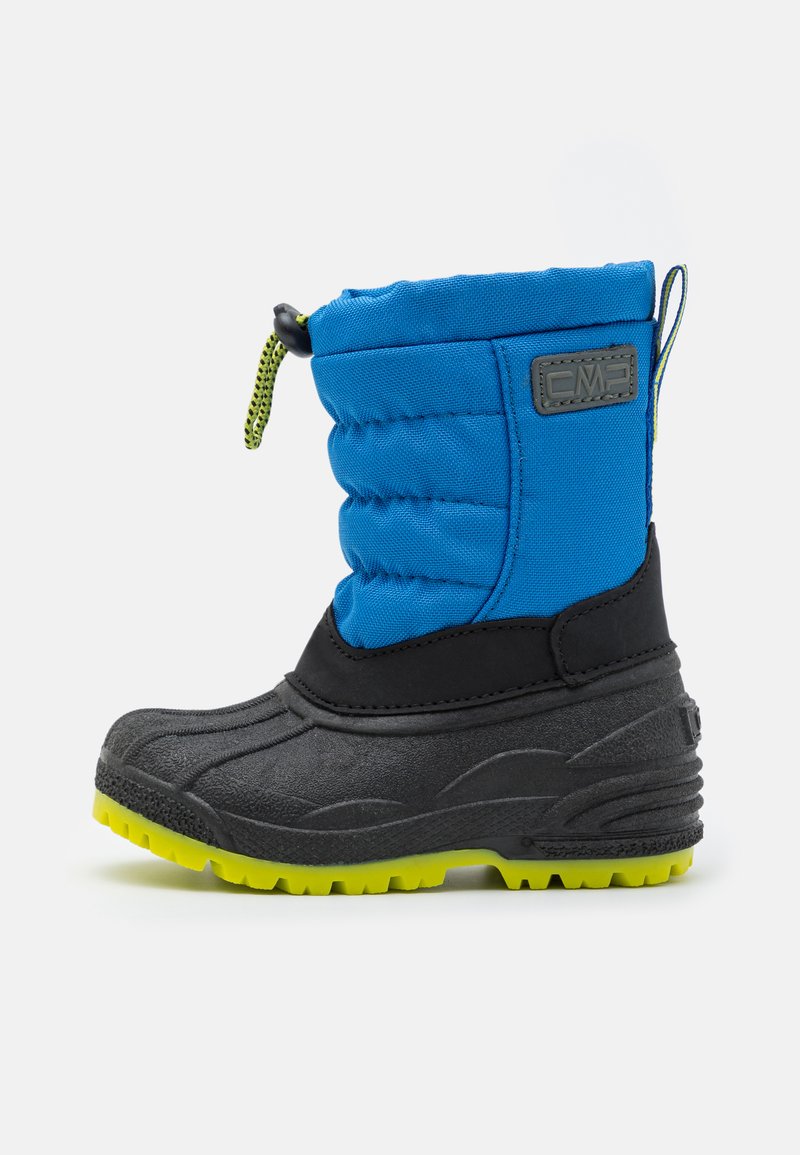 Stivale invernale blu con parte superiore trapuntata, parte inferiore in gomma nera e suola gialla brillante. Presenta una chiusura a toggle per una vestibilità sicura.