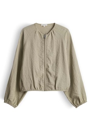 Lichtbeige lichte jas met lange mouwen, ritssluiting aan de voorkant, ronde halslijn en elastische boorden en zoom.