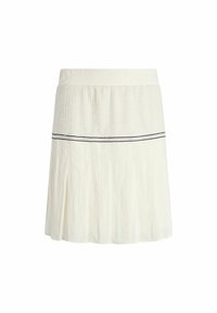 Jupe blanche longueur genou avec panneau supérieur texturé, rayures horizontales noires, et partie inférieure douce plissée.